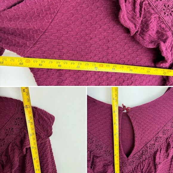 J.CREW Burgundy Ruffle Trim Honeycomb Knit Blouse Top Shirt Small - Picture 11 of 16